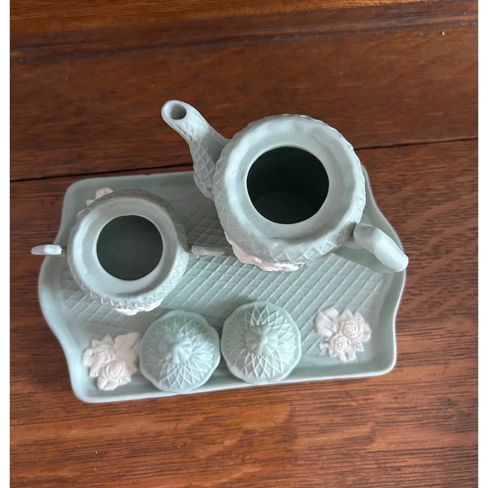 Miniature Sage Green Jasperware Style Tea Set Floral Bas-Relief 9pc Collection